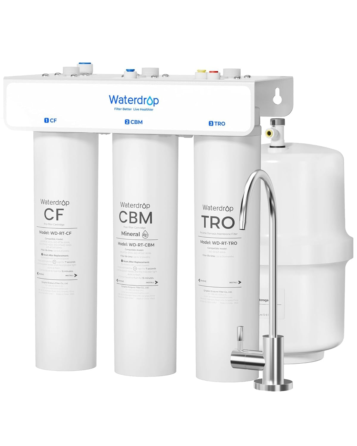 Waterdrop WD-T3-T 220 GPD 7-Stage Reverse Osmosis Remineralization Under-Sink Water Filter System with Tank