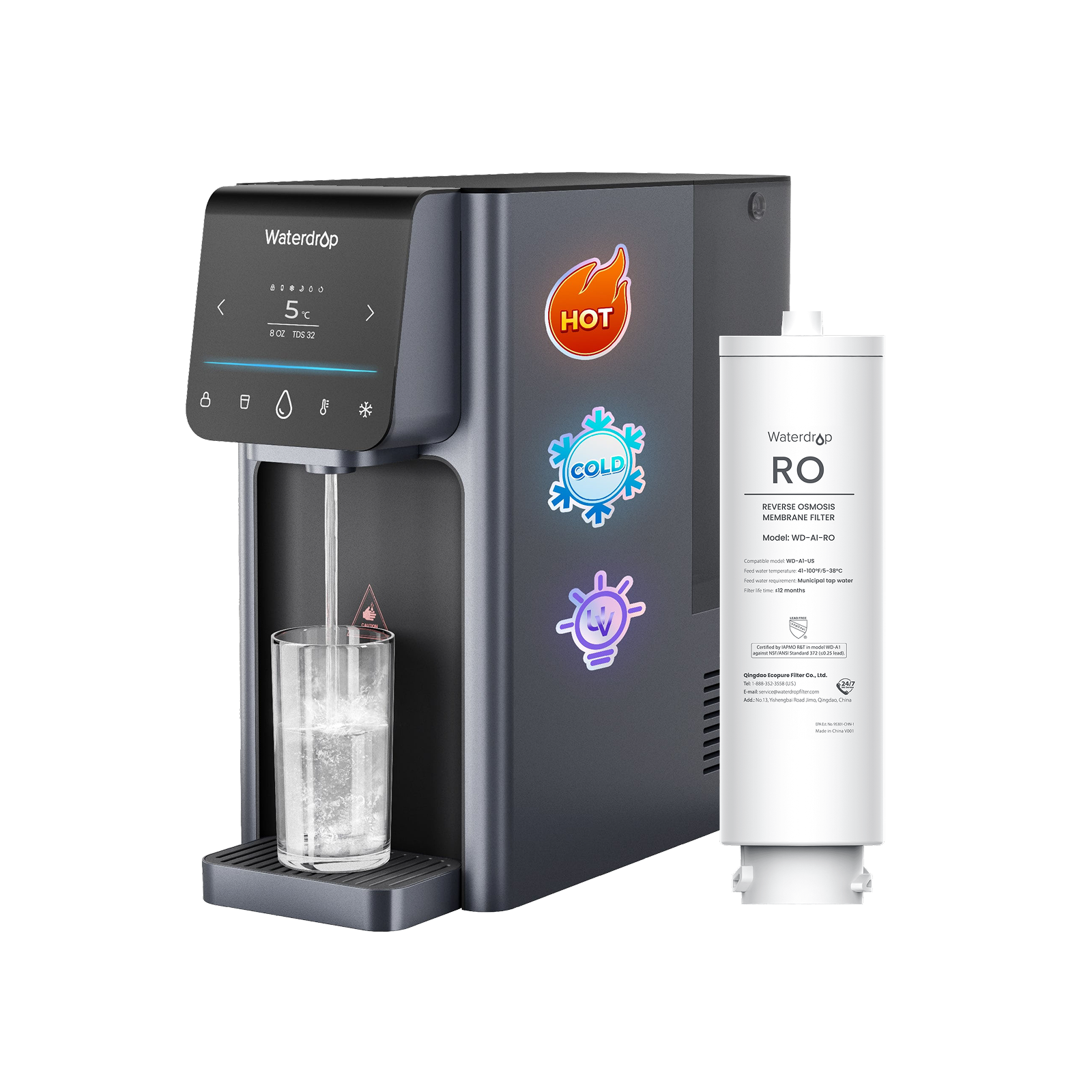 Waterdrop A1 Reverse Osmosis Hot Cold Water Dispenser with RO Replacement Filter Combo